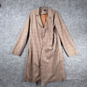 Black Buckle Trench Blazer Jacket Womens L Long Brown Plaid Open Front Classic